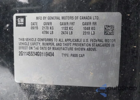 2016 Chevrolet Impala 2Lz from USA, damaged, VIN 2G1145S34G9119434